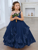 Vestido de princesa de tul sin mangas con apliques de encaje y cola larga para niñas 