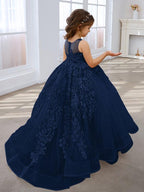 Vestido de princesa rosa para niña con apliques de encaje 