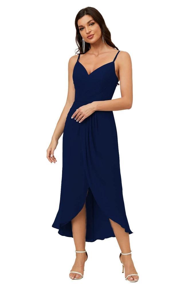 Numbersea Spaghetti Chiffon V Neck Bridesmaid Dress Mid-Length Slit Formal Prom Dress Homecoming Dress 2803-numbersea