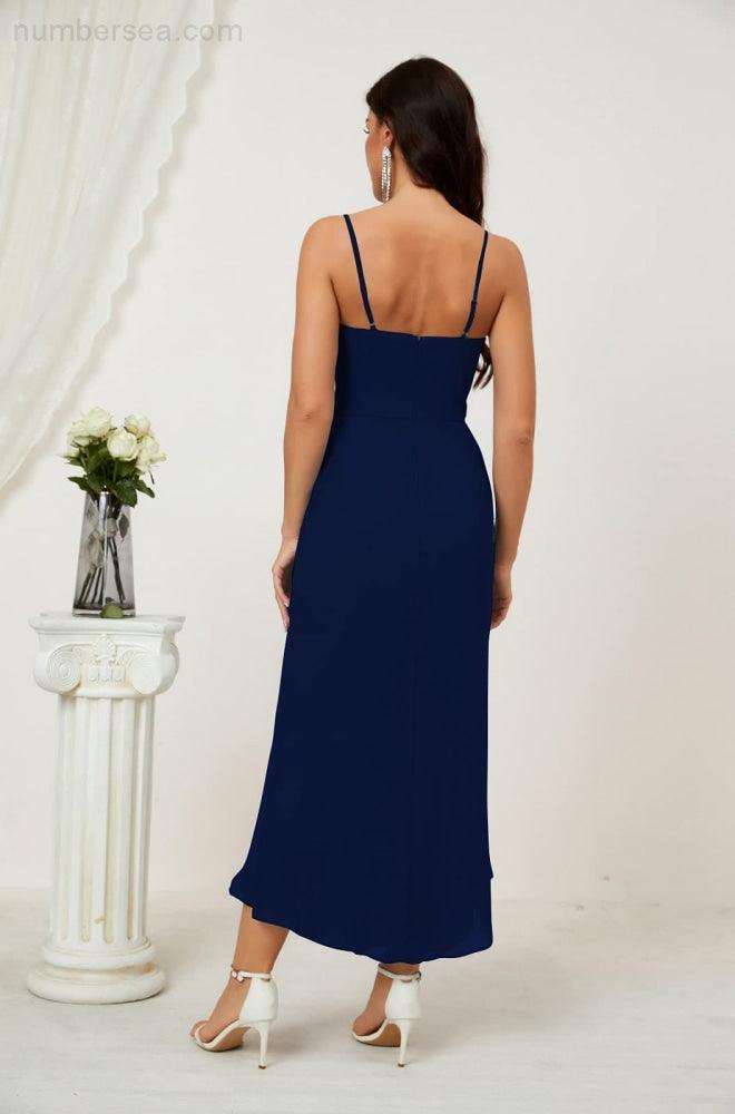 Numbersea Spaghetti Chiffon V Neck Bridesmaid Dress Mid-Length Slit Formal Prom Dress Homecoming Dress 2803-numbersea