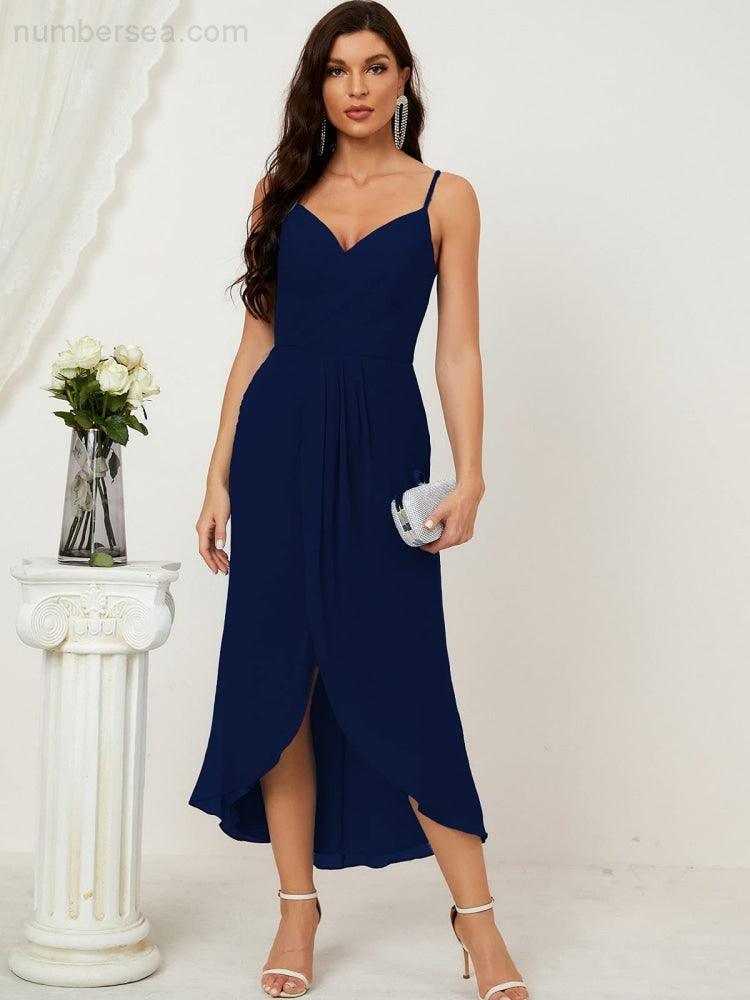 Numbersea Spaghetti Chiffon V Neck Bridesmaid Dress Mid-Length Slit Formal Prom Dress Homecoming Dress 2803-numbersea