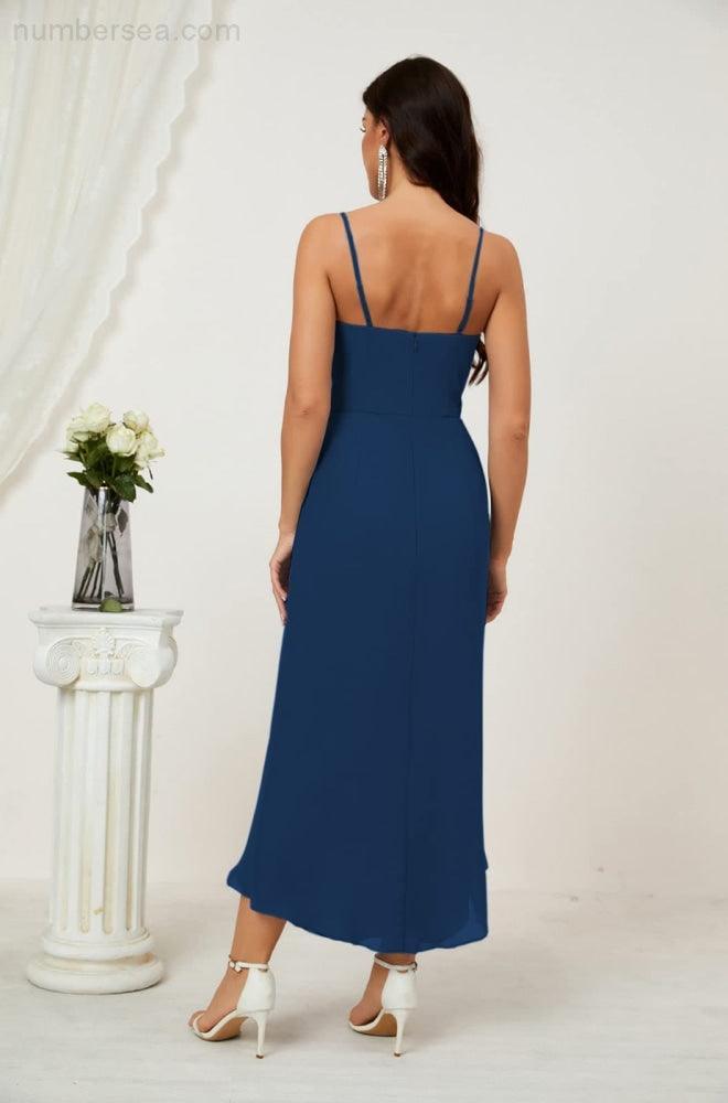 Numbersea Spaghetti Chiffon V Neck Bridesmaid Dress Mid-Length Slit Formal Prom Homecoming 2803