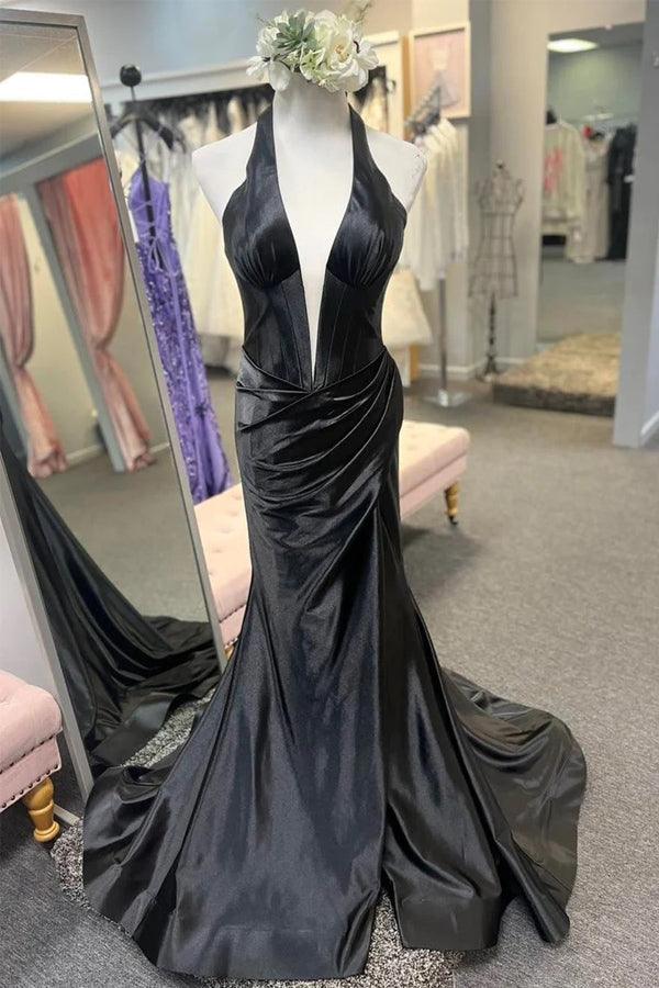 Vestido de fiesta largo de sirena con cuello halter azul marino y abertura