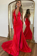 Vestido de fiesta largo de sirena con cuello halter azul marino y abertura