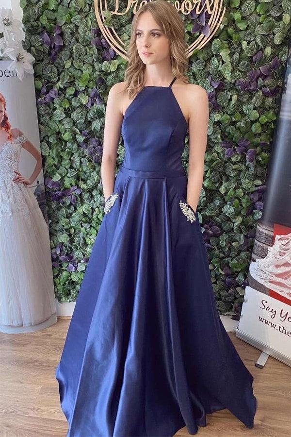 Vestido de fiesta azul marino de satén con cordones en la espalda, corte A y bolsillos