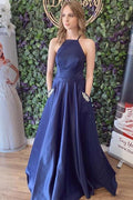 Vestido de fiesta azul marino de satén con cordones en la espalda, corte A y bolsillos