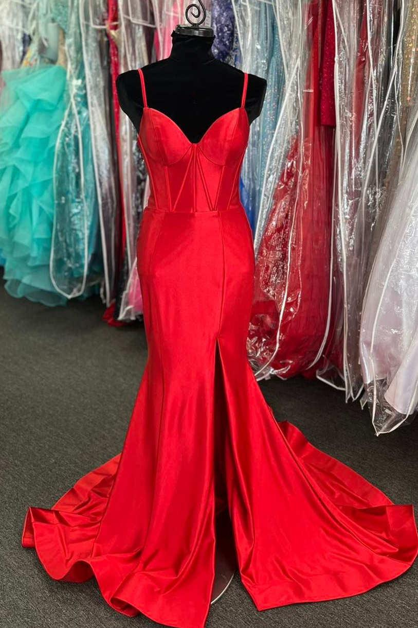 Nuevos vestidos de fiesta con tirantes de satén y abertura tipo sirena