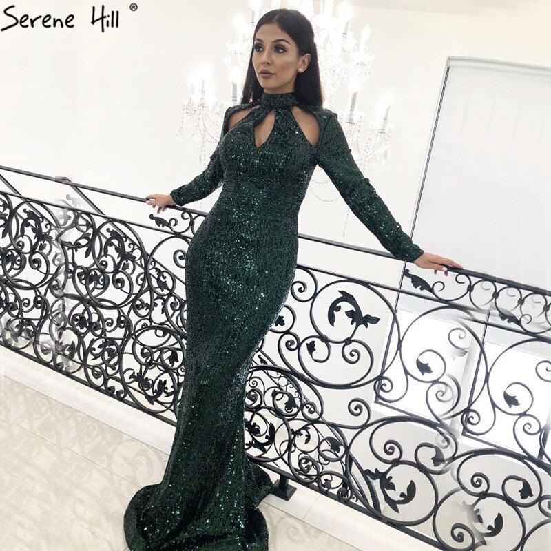On Sale No Return No Refund  New Designer Green High Neck Sexy Evening Dresses Sequined Long Sleeves Fashion Luxury For Women Party LA6314