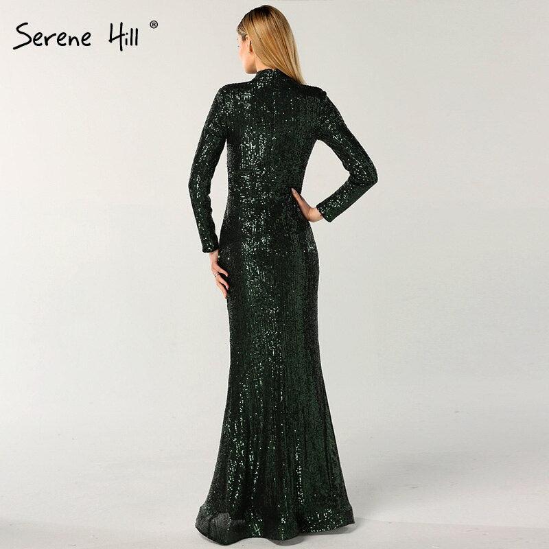 On Sale No Return No Refund  New Designer Green High Neck Sexy Evening Dresses Sequined Long Sleeves Fashion Luxury For Women Party LA6314