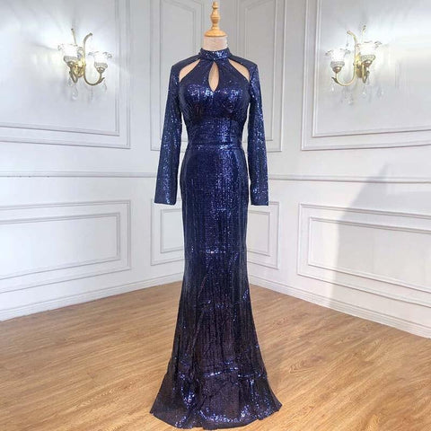 En oferta, sin devolución ni reembolso, nuevo diseñador, verde, cuello alto, sexy, vestidos de noche con lentejuelas, mangas largas, moda de lujo para mujer, fiesta LA6314 