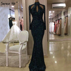 On Sale No Return No Refund  New Designer Green High Neck Sexy Evening Dresses Sequined Long Sleeves Fashion Luxury For Women Party LA6314