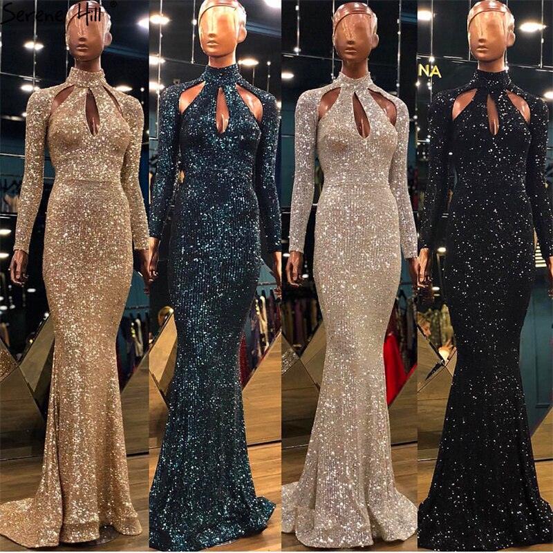 On Sale No Return No Refund  New Designer Green High Neck Sexy Evening Dresses Sequined Long Sleeves Fashion Luxury For Women Party LA6314