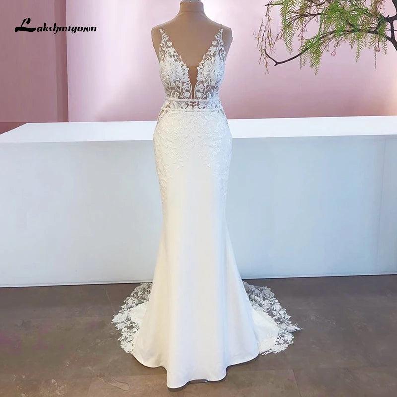 New Mariage Boheme Chic Lace Mermaid Wedding Dress Elegant Bridal Country Lace Appliques Satin Bridal Gown robe de mariée