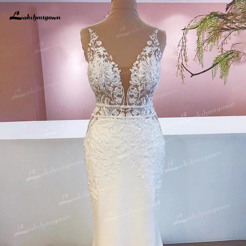 New Mariage Boheme Chic Lace Mermaid Wedding Dress Elegant Bridal Country Lace Appliques Satin Bridal Gown robe de mariée