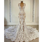 Neue romantische Spitze Brautkleider mit Kathedrale Zug Robe De Mariee Sexy Illusion Zurück Meerjungfrau Brautkleid Vestidos De Novia 
