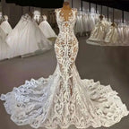 Neue romantische Spitze Brautkleider mit Kathedrale Zug Robe De Mariee Sexy Illusion Zurück Meerjungfrau Brautkleid Vestidos De Novia 