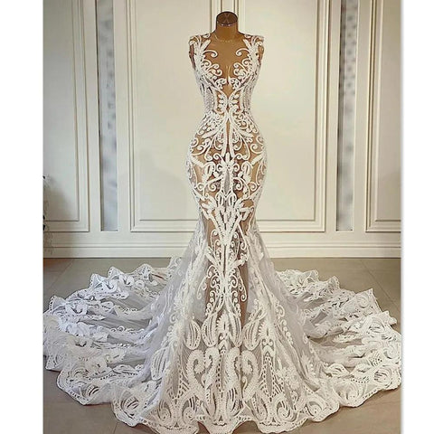 New Romantic Lace Wedding Gowns With Cathedral Train Robe De Mariee Sexy Illusion Back Mermaid Wedding Dress Vestidos De Novia