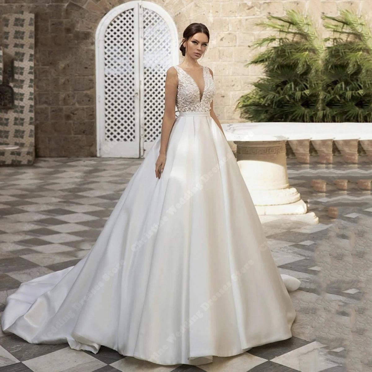 Neueste Glitte Lace Brautkleider 2024 V-Ausschnitt Applikationen Sexy Print Design A-Linie Brautkleider Ärmellos Rückenfrei Braut Roben 