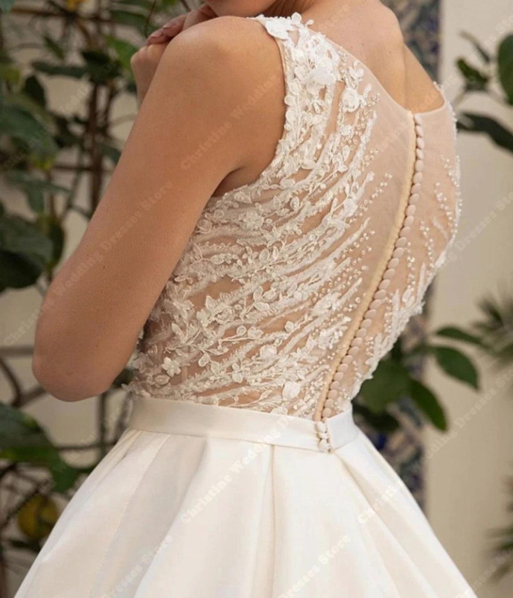 Neueste Glitte Lace Brautkleider 2024 V-Ausschnitt Applikationen Sexy Print Design A-Linie Brautkleider Ärmellos Rückenfrei Braut Roben 