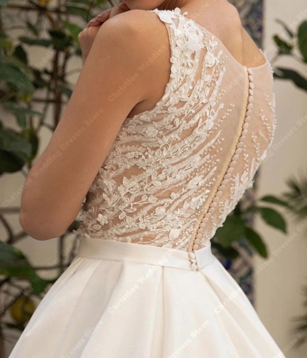 Neueste Glitte Lace Brautkleider 2024 V-Ausschnitt Applikationen Sexy Print Design A-Linie Brautkleider Ärmellos Rückenfrei Braut Roben 