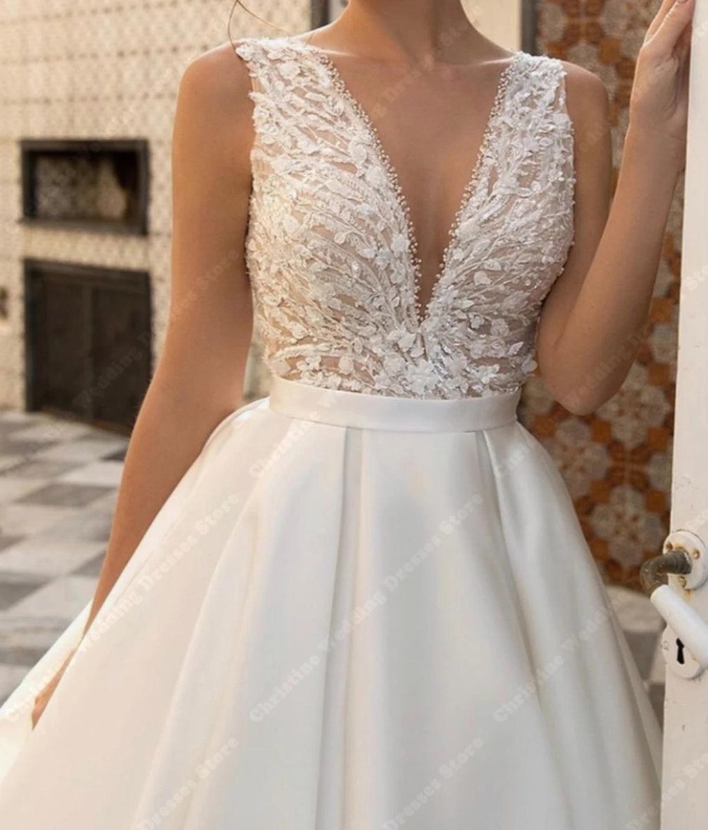 Neueste Glitte Lace Brautkleider 2024 V-Ausschnitt Applikationen Sexy Print Design A-Linie Brautkleider Ärmellos Rückenfrei Braut Roben 