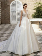 Neueste Glitte Lace Brautkleider 2024 V-Ausschnitt Applikationen Sexy Print Design A-Linie Brautkleider Ärmellos Rückenfrei Braut Roben 
