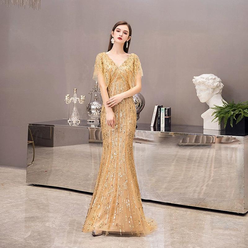 Women's V-Neck Evening Dress Sexy Prom Dresses Beaded Formal Dresses for Women - numbersea