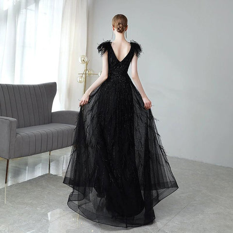 Women's A-Line Evening Dress Sexy Prom Dresses V-Neck Beaded Formal Dresses for Women - numbersea