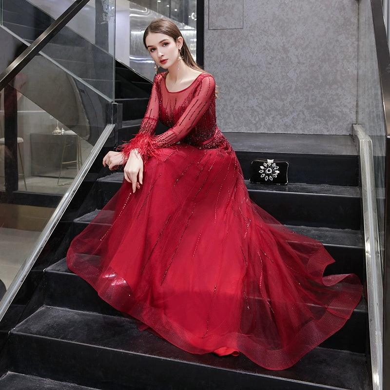 Women's A-Line Evening Dress Sexy Prom Dresses Long Sleeve Beaded V-Neck Formal Dresses - numbersea