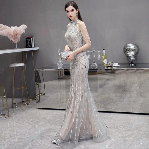 Mermaid Prom Dresses Sleeveless Evening Dress Beaded Sexy Formal Dress for Women - numbersea