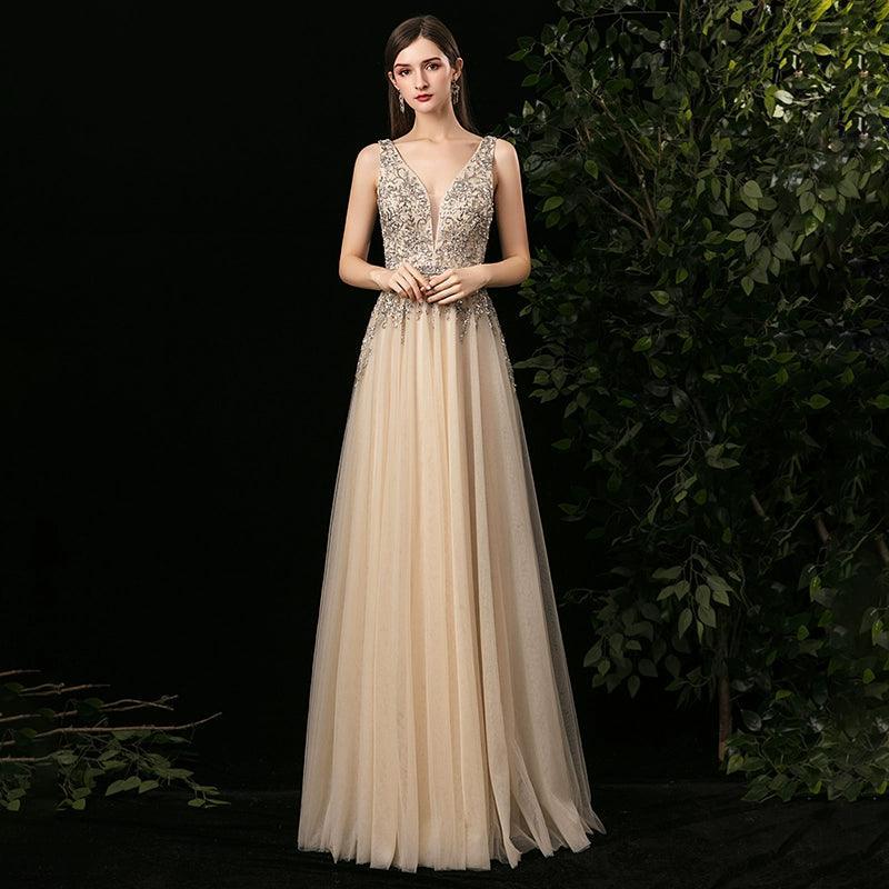 Women's A-Line Evening Dress Sexy Prom Dresses Sleeveless Beaded V-Neck Formal Dresses - numbersea