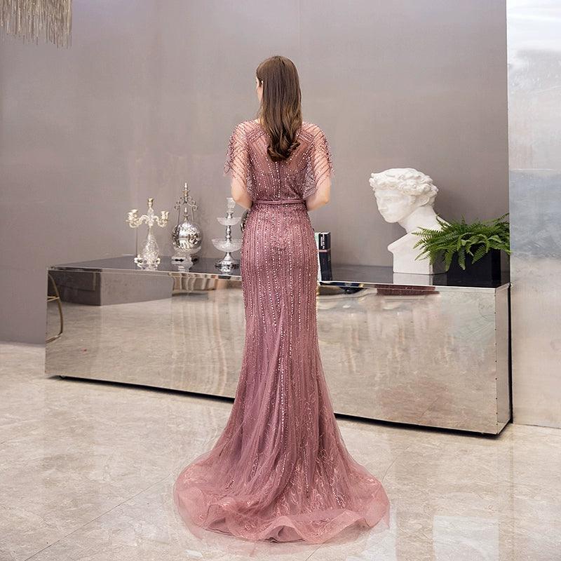 Women's Mermaid Evening Dress V-Neck Formal Dresses Long Sexy Beaded Prom Dresses for Women - numbersea
