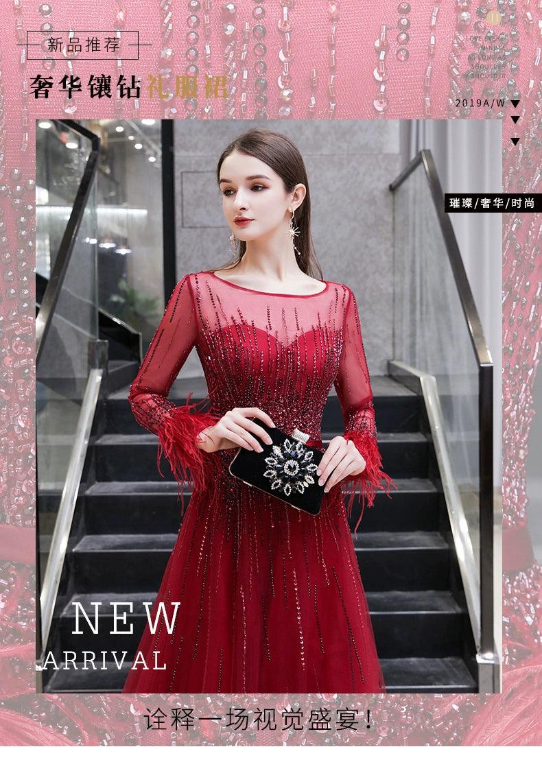 Women's A-Line Evening Dress Sexy Prom Dresses Long Sleeve Beaded V-Neck Formal Dresses - numbersea