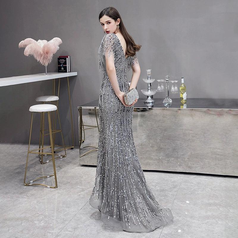 Women's Mermaid Sexy Evening Dress Long Formal Dresses Beaded V-Neck Prom Dresses for Women - numbersea