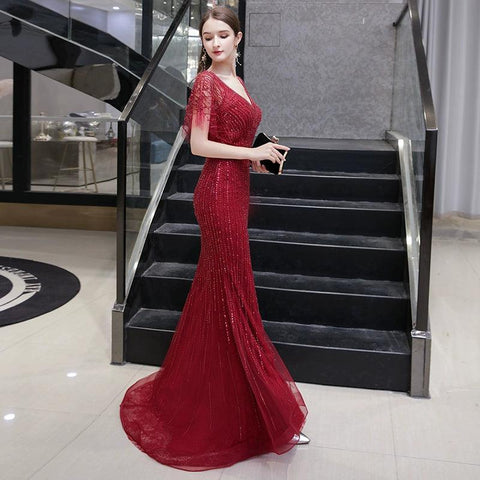 Women's Mermaid Sexy Evening Dress Long V-Neck Formal Dresses Beaded Prom Dresses - numbersea