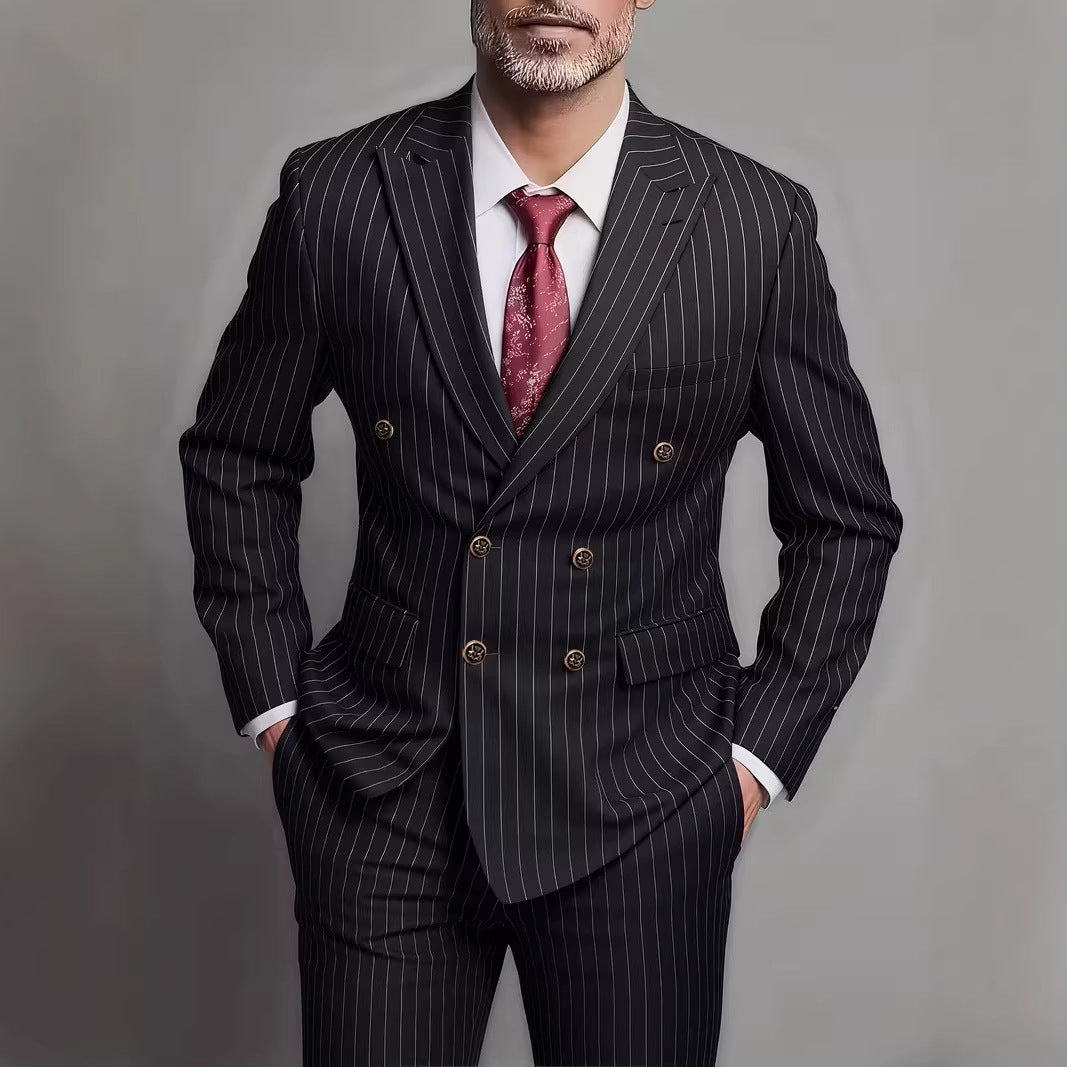 Popular light luxury striped double-breasted suit, two-piece set, barred collar slim version, four-color versatile men's suit
