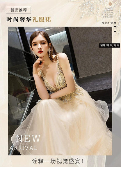 Women's Ball Gown Evening Dress Long Formal Dresses Sleeveless Beaded Wedding Dresses - numbersea