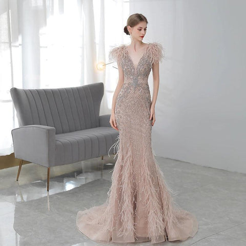 Women's Sexy Evening Dress Beaded Mermaid Prom Dresses Long V-Neck Formal Dresses for Women - numbersea