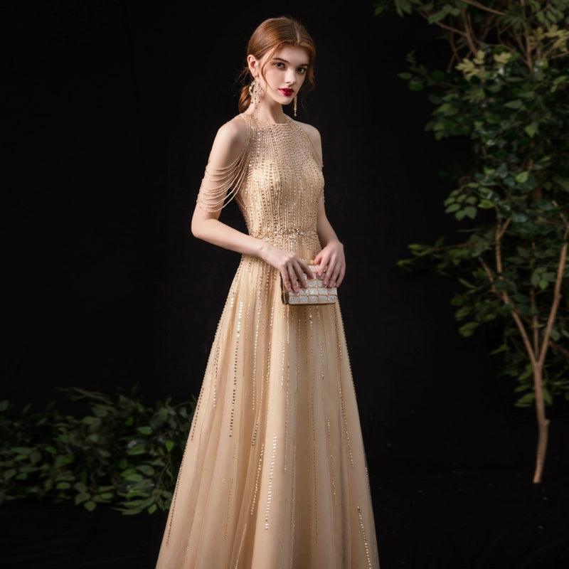 Women's A-Line Evening Dress Sexy Prom Dresses Beaded Formal Dresses Sleeveless for Women - numbersea