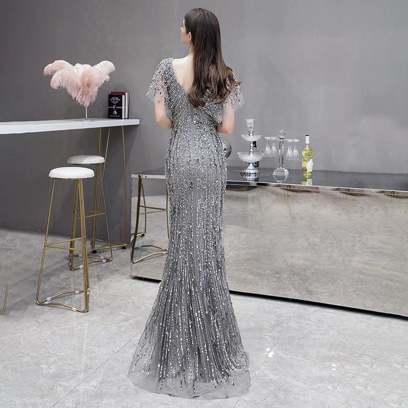 Women's Mermaid Sexy Evening Dress Long Formal Dresses Beaded V-Neck Prom Dresses for Women - numbersea