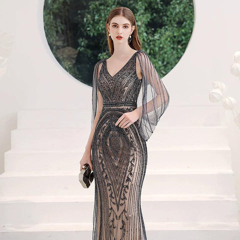 Women's Mermaid Evening Dress Long Prom Dresses Beaded V-Neck Formal Dresses - numbersea