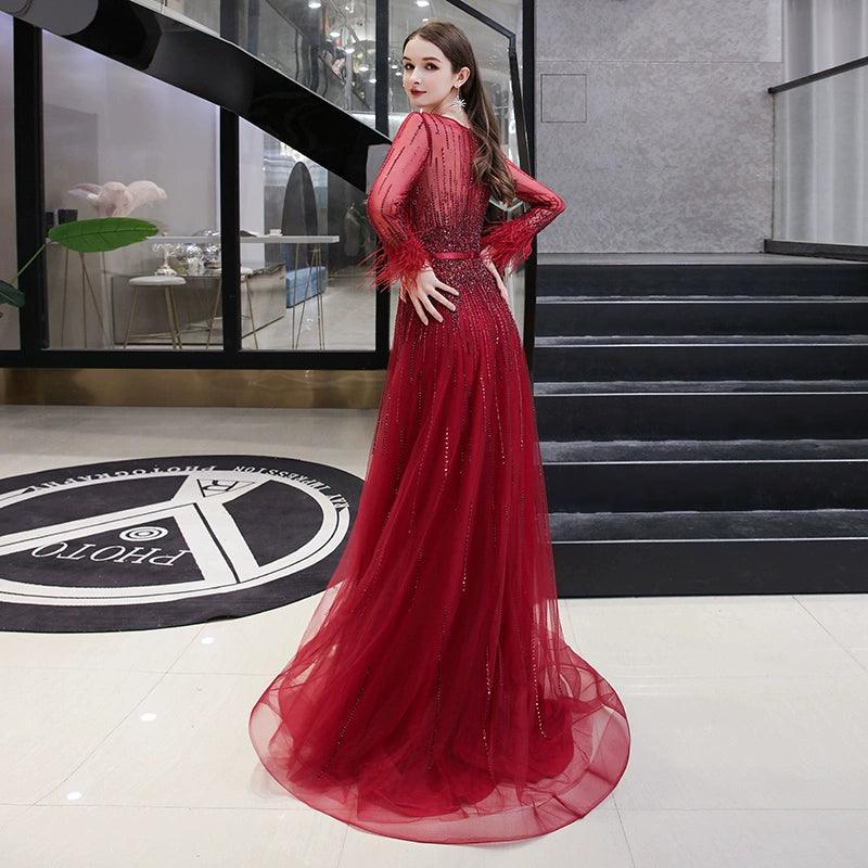 Women's A-Line Evening Dress Sexy Prom Dresses Long Sleeve Beaded V-Neck Formal Dresses - numbersea