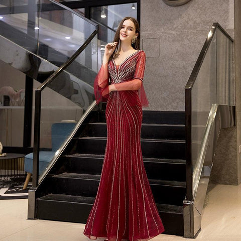 Women's Mermaid Evening Dress Long V-Neck Prom Dresses Beaded Formal Dresses - numbersea