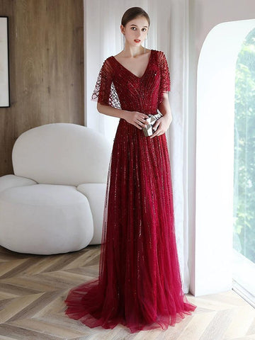 Women's A-Line Evening Dress Sexy V-Neck Prom Dresses Beaded Formal Dresses for Women - numbersea