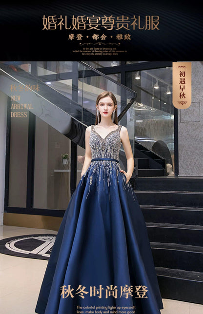 Women's Ball Gown Evening Dress Long V-Neck Formal Dresses Beaded Prom Dresses - numbersea