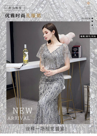 Women's Mermaid Sexy Evening Dress Long Formal Dresses Beaded V-Neck Prom Dresses for Women - numbersea