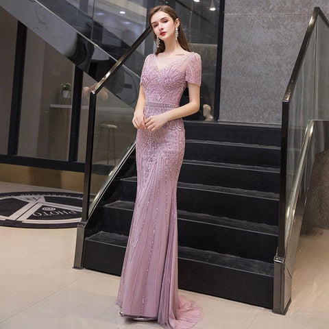 Women's A-Line Evening Dress Sexy Prom Dresses Beaded Formal Dresses for Women - numbersea
