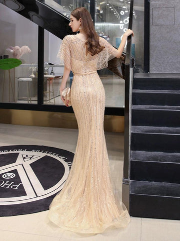 Women's Mermaid Evening Dress Long V-Neck Prom Dresses Beaded Formal Dresses - numbersea
