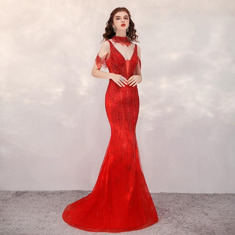 Women's Mermaid Evening Dress Long Prom Dresses Beaded Formal Dresses - numbersea