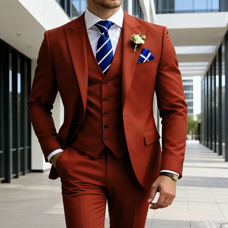 Handsome men's suit three-piece solid color high-end temperament banquet business slim fashion suit